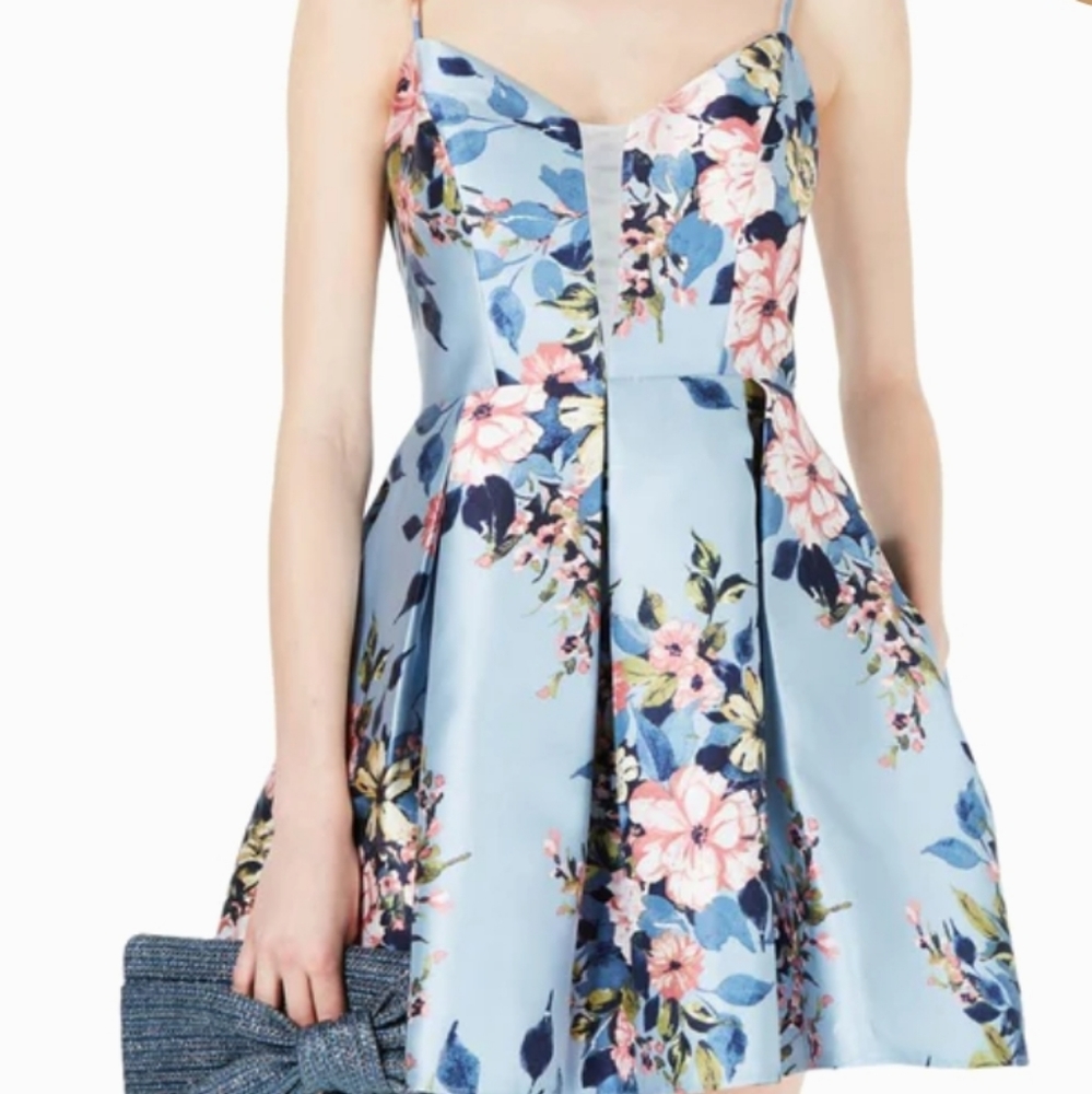 Teeze Me Juniors Blue Floral Print Fit & Flare Mini Party Dress